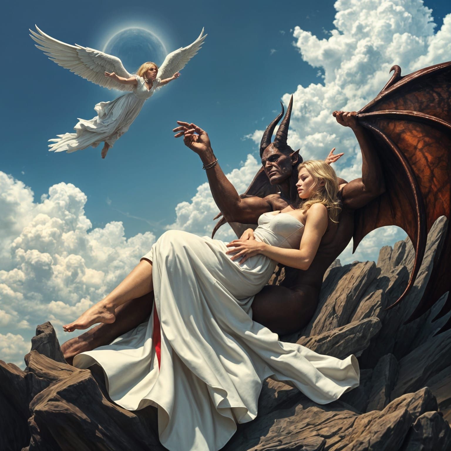 Devil Emerges with Beauty in Dramatic Lighting