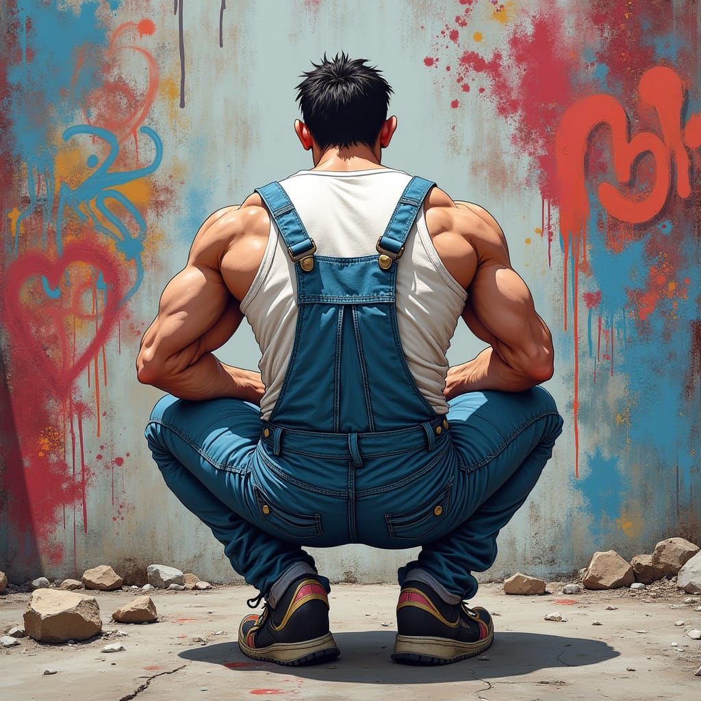Anime Guy in Overalls Amidst Street Art