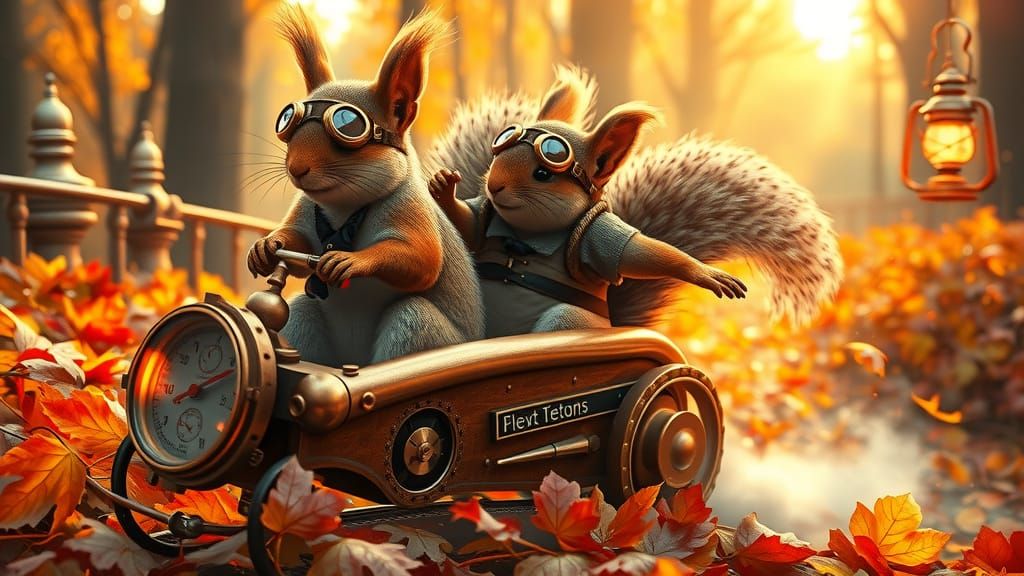 Steampunk Squirrels Slide Down Autumn Leaves