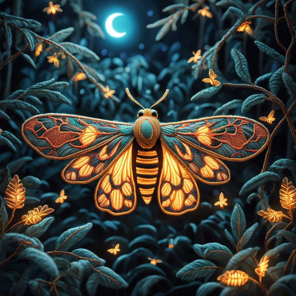 Luminous Moth in Embroidered Forest Scene
