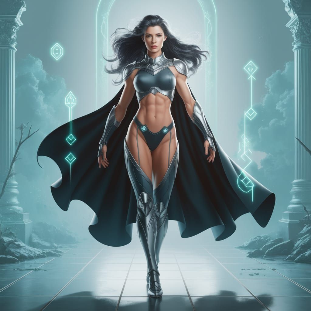 Elegant Woman in Futuristic Armor with Runes