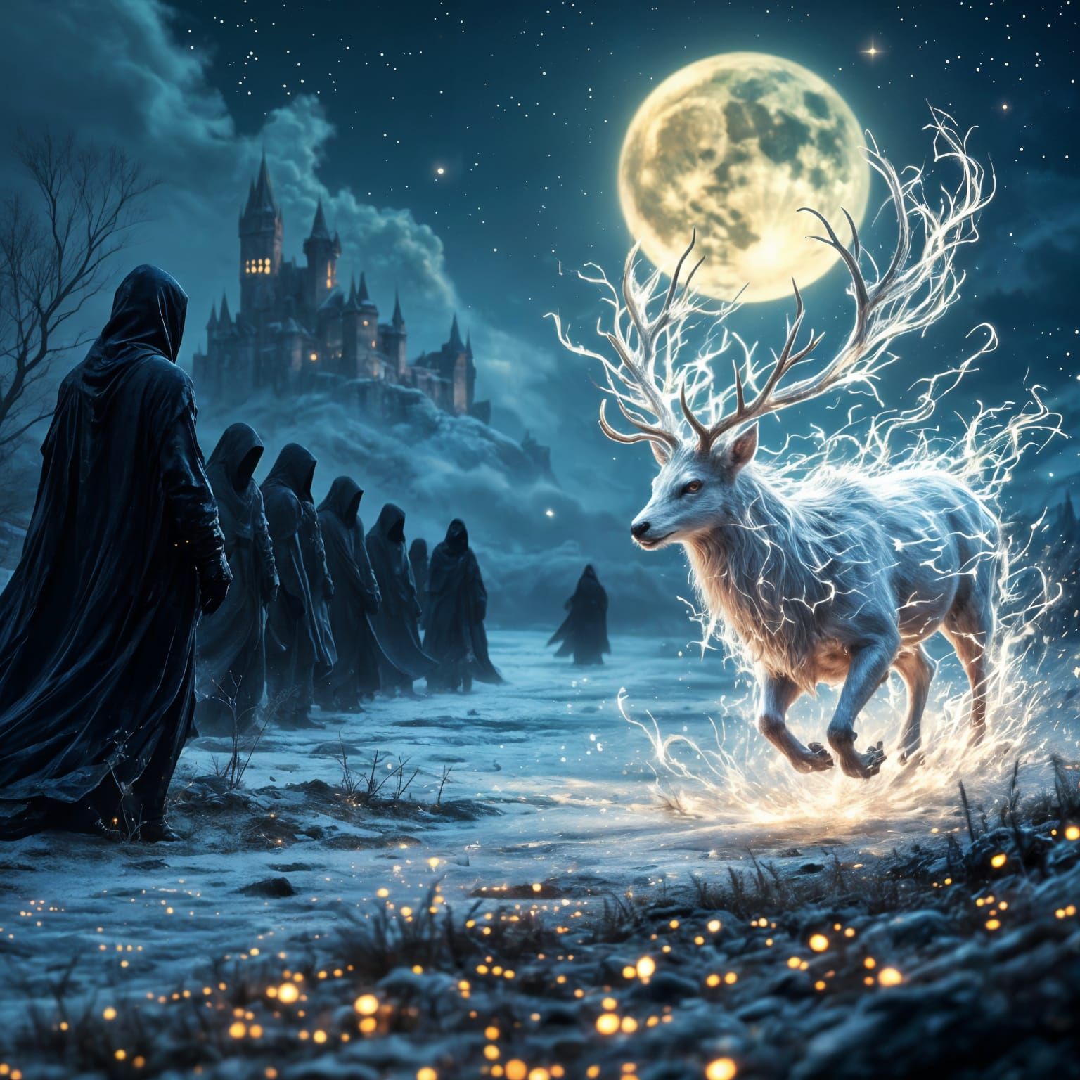 Patronus fighting Dementors at Hogwarts