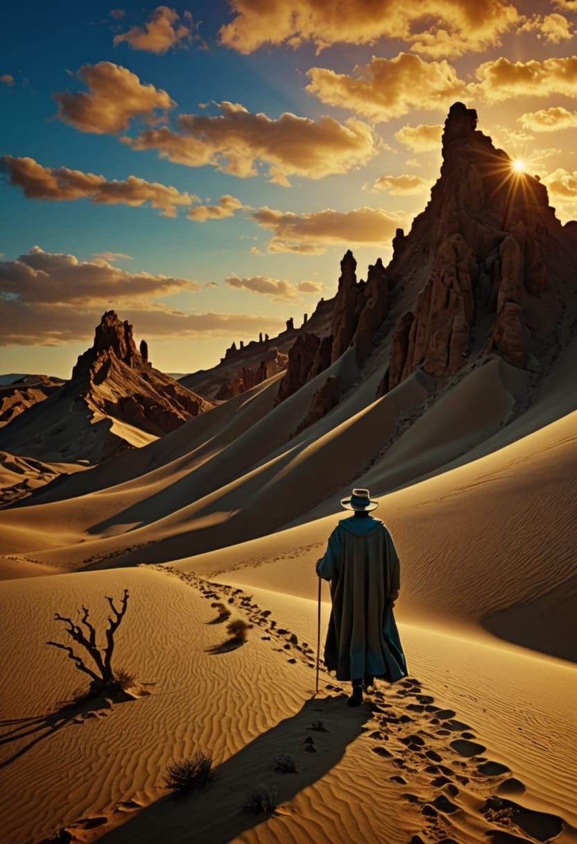 Pilgrim's Surreal Journey in Dali-Inspired Landscape