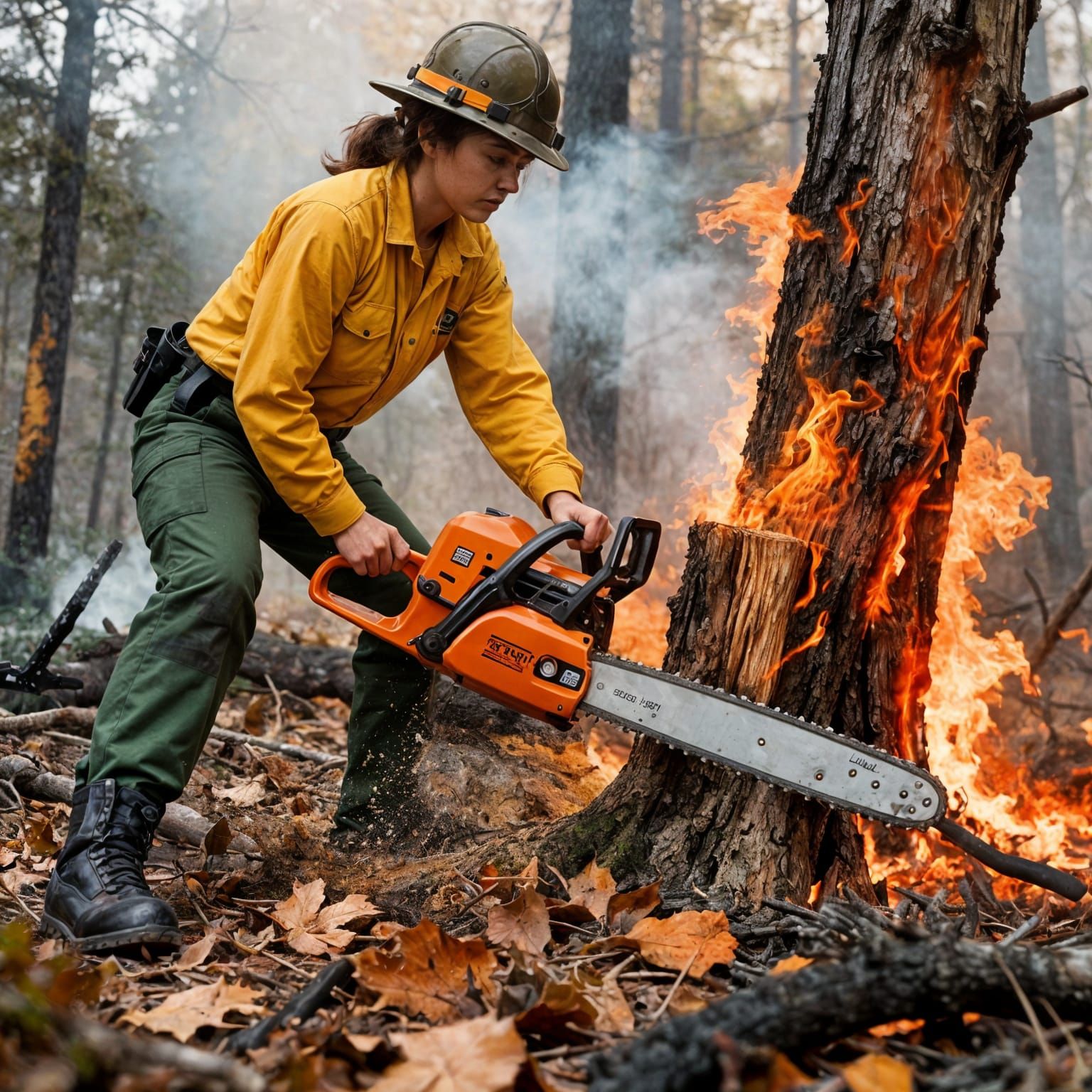 Woman Felling Tree with Orange Chainsaw