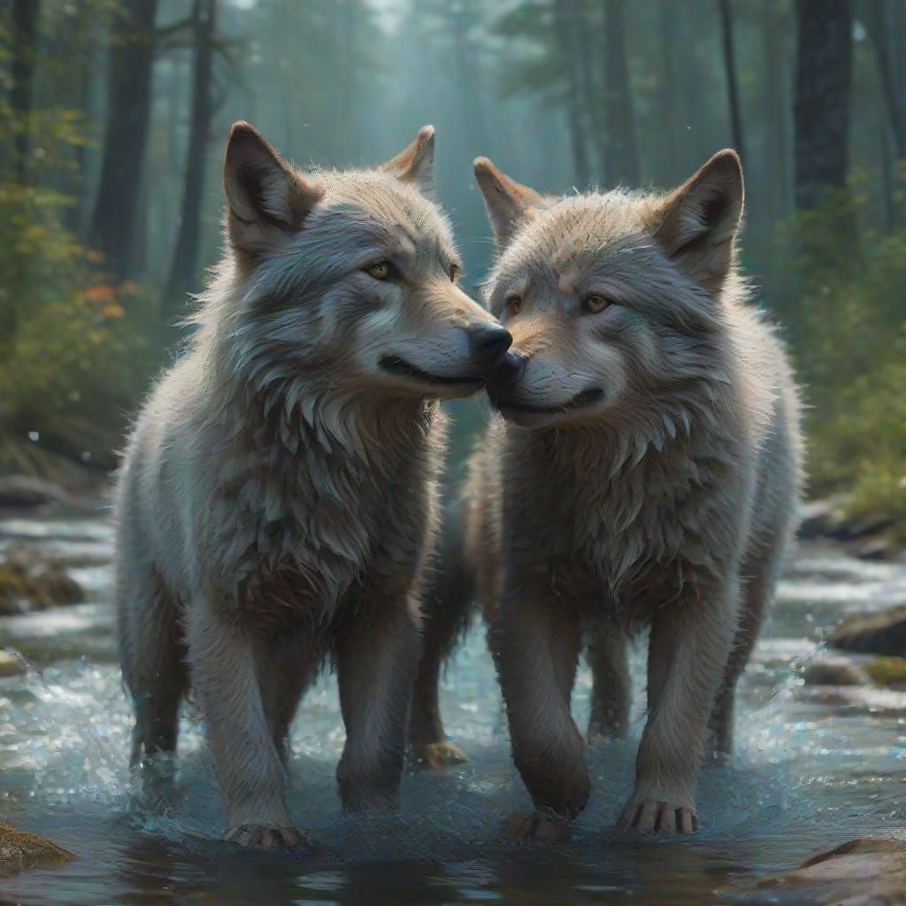Wolf Pups in Whimsical Dreamlike Atmosphere