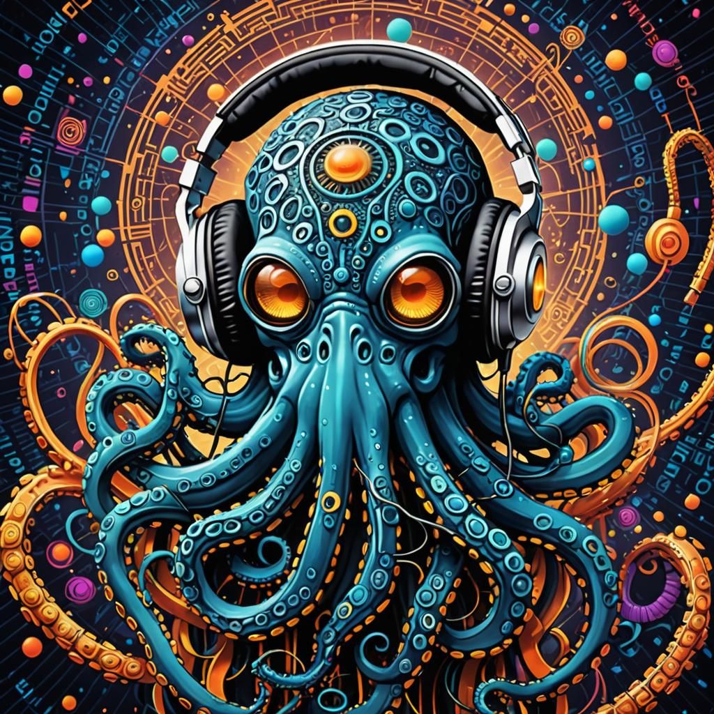 Psychedelic Octopus DJ Mastering Music in Binary Code Dream