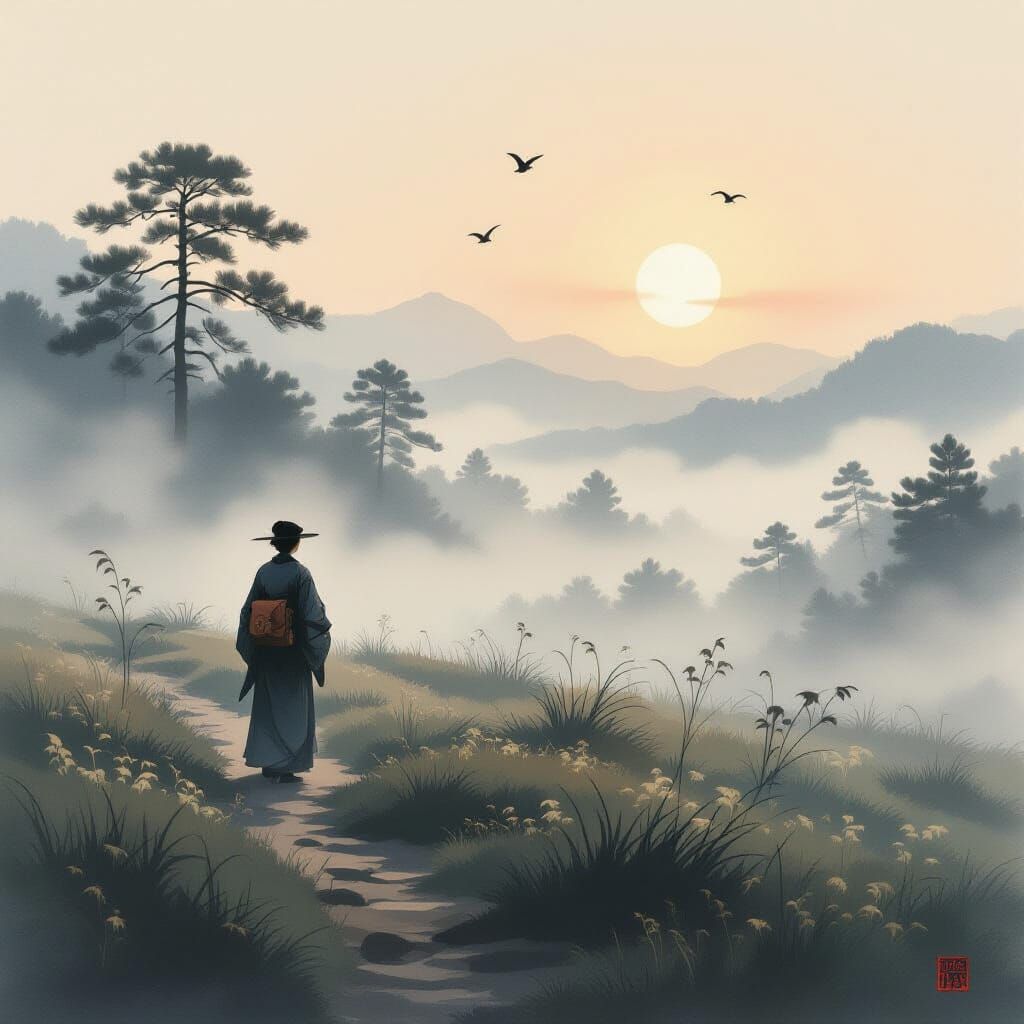 Solitary Wanderer in Misty Sunrise