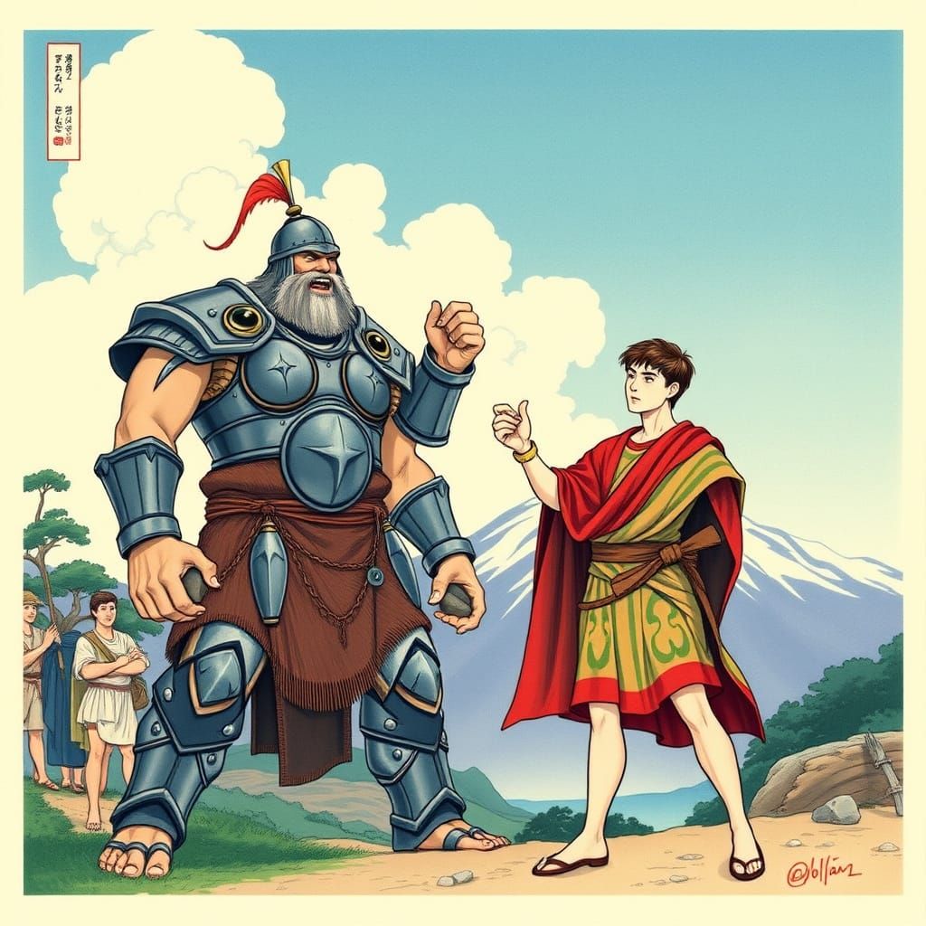 David and Goliath in Ukiyo-e Style Landscape
