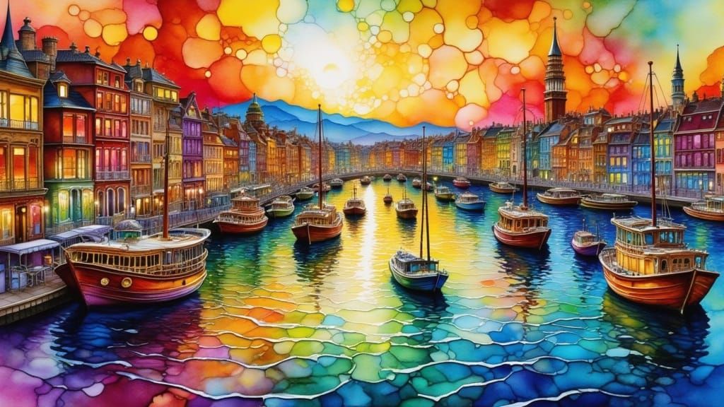 Vibrant Bosphorus Sunset in Watercolor Alcohol Ink Style