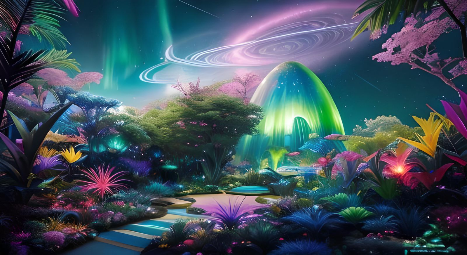 Sci-Fi Alien Zen Garden with Cosmic Sky