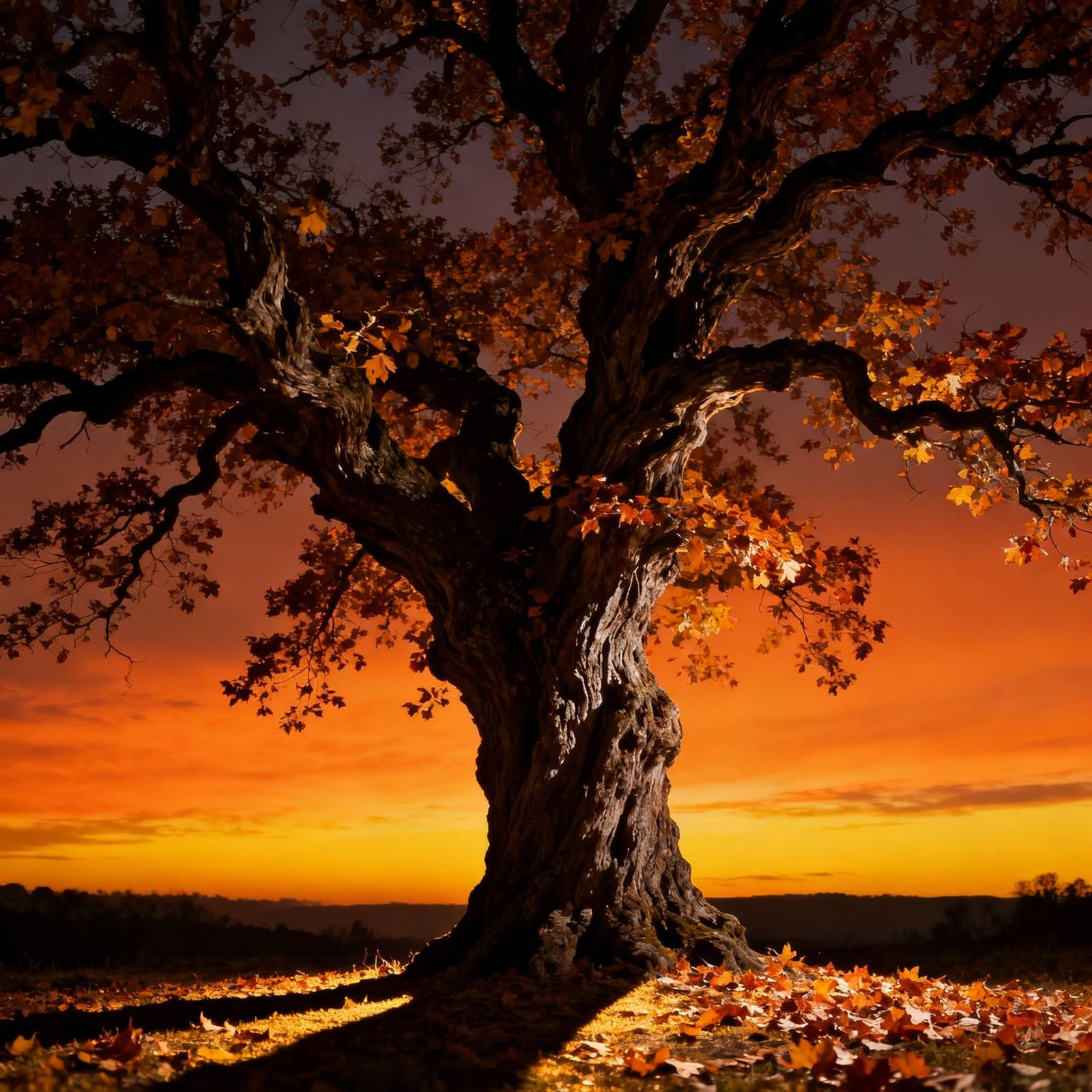 Ancient Tree Silhouetted Against Twilight Sky