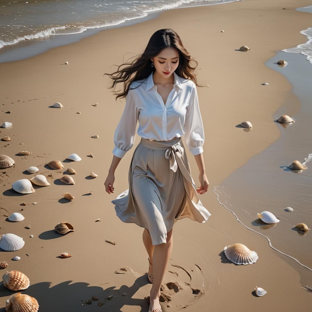 Bosomy Woman Walking on Sunny Seashore