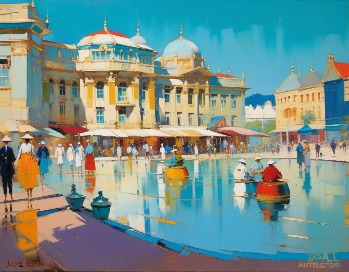 Palaces Surround Saturated Blue Lagoon: Impasto Oil Painting