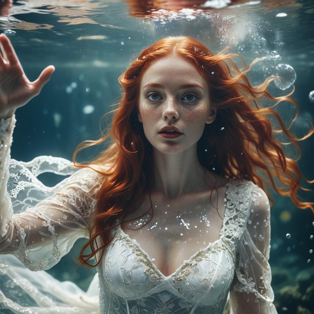 Underwater Redhead in Flowing Sequin Dress