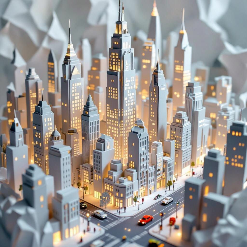 Papercraft Metropolis Cityscape with Dramatic Lighting