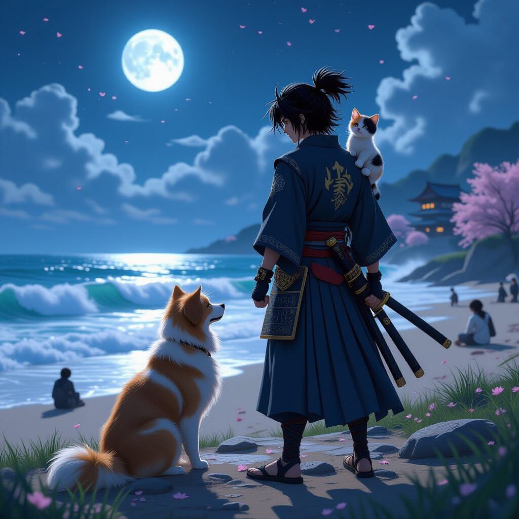Samurai, Dog, and Kitten Watch Ocean Waves in 3D Anime Style