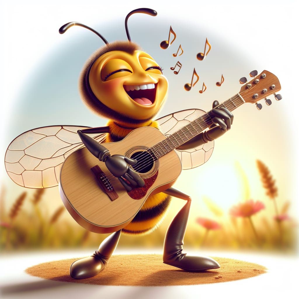 Happy Bee Playing Guitar in Sunny Meadow