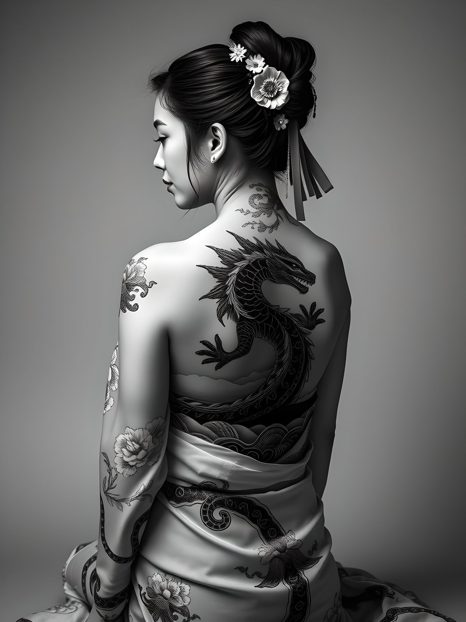 Japanese Woman with Godzilla Tattoo Portrait