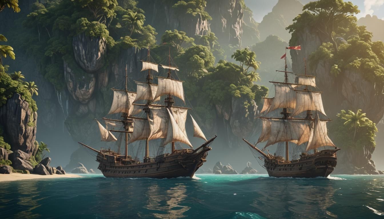 Sail Ship Anchored by Tropical Island in 3D