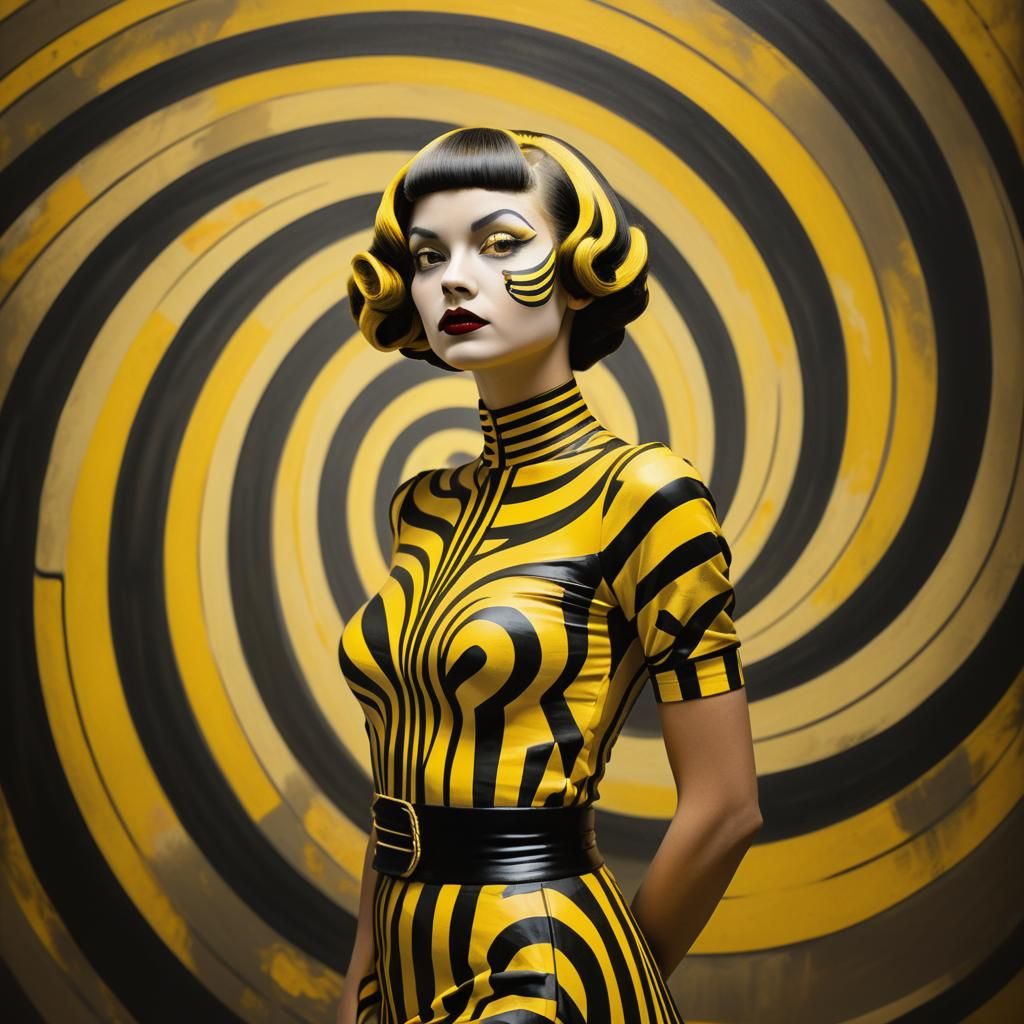 Hypnotic Woman in Black and Yellow Abstract Art