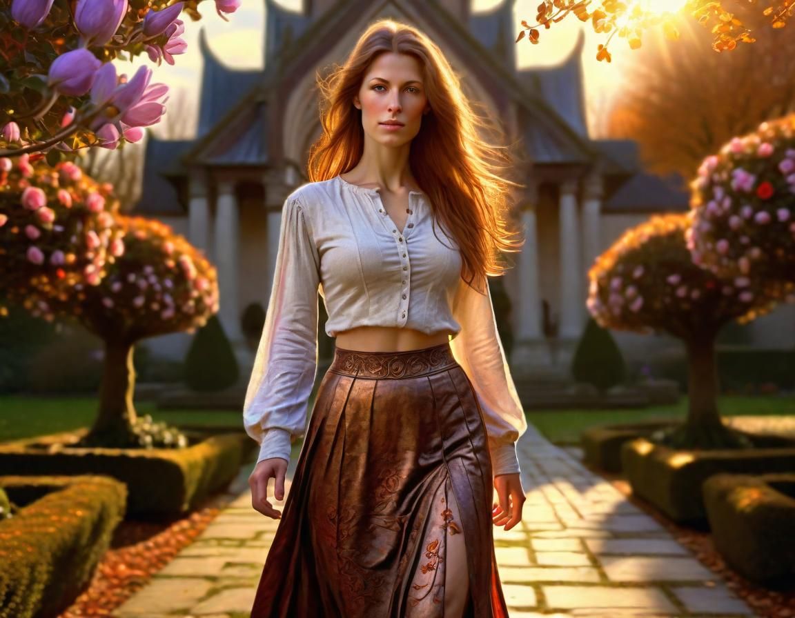 Renaissance Woman in Temple Garden at Sunrise