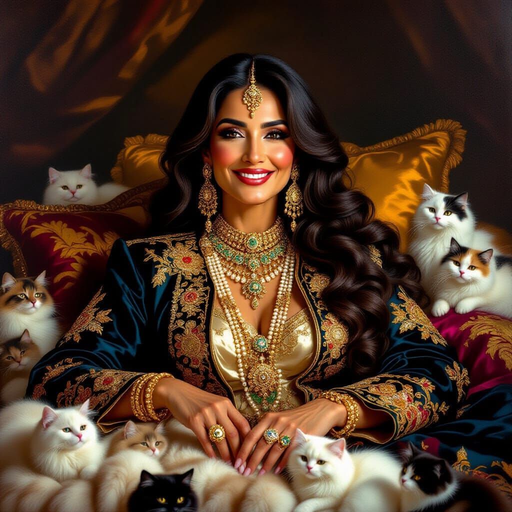 Opulent Oil Painting: Arabic Woman in Sultan's Suit with Cat...