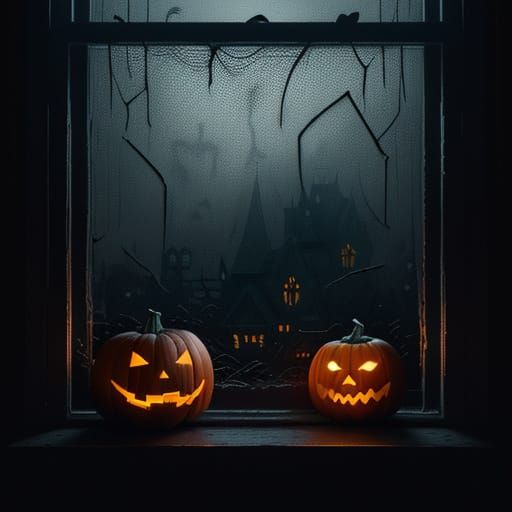 Spooky Halloween Window with Glowing Pumpkin and Cobwebs