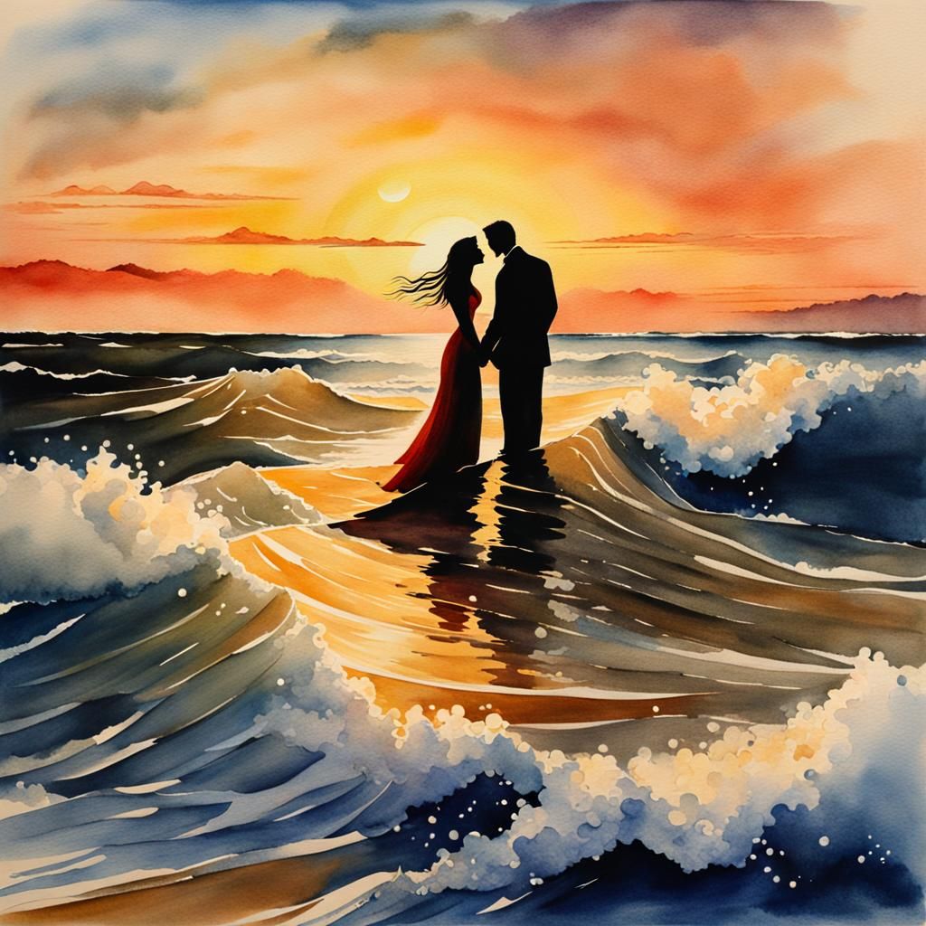 Watercolor Honeymoon at Sunset