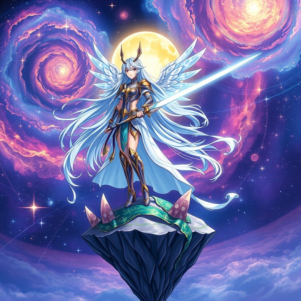 Celestial Warrior in Anime Style on Floating Island