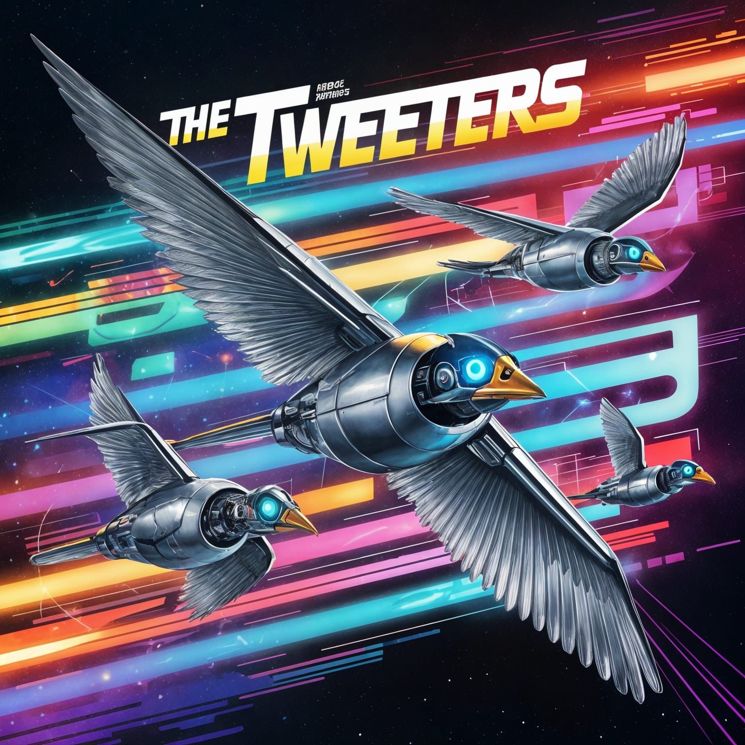 80's Airbrush Album Cover: Robotic Birds in Vaporwave