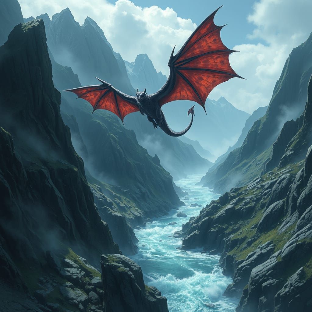 Wyvern Soars Above Raging River in Rocky Mountains