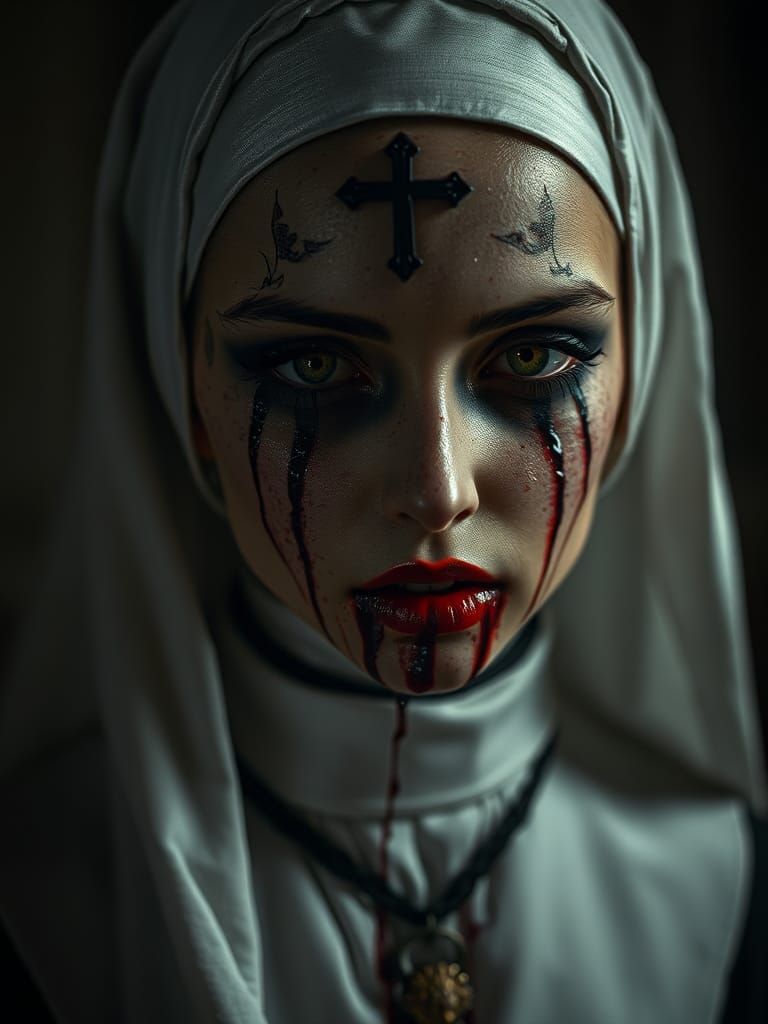 Terrifying Nun Portrait in Film Noir Aesthetic