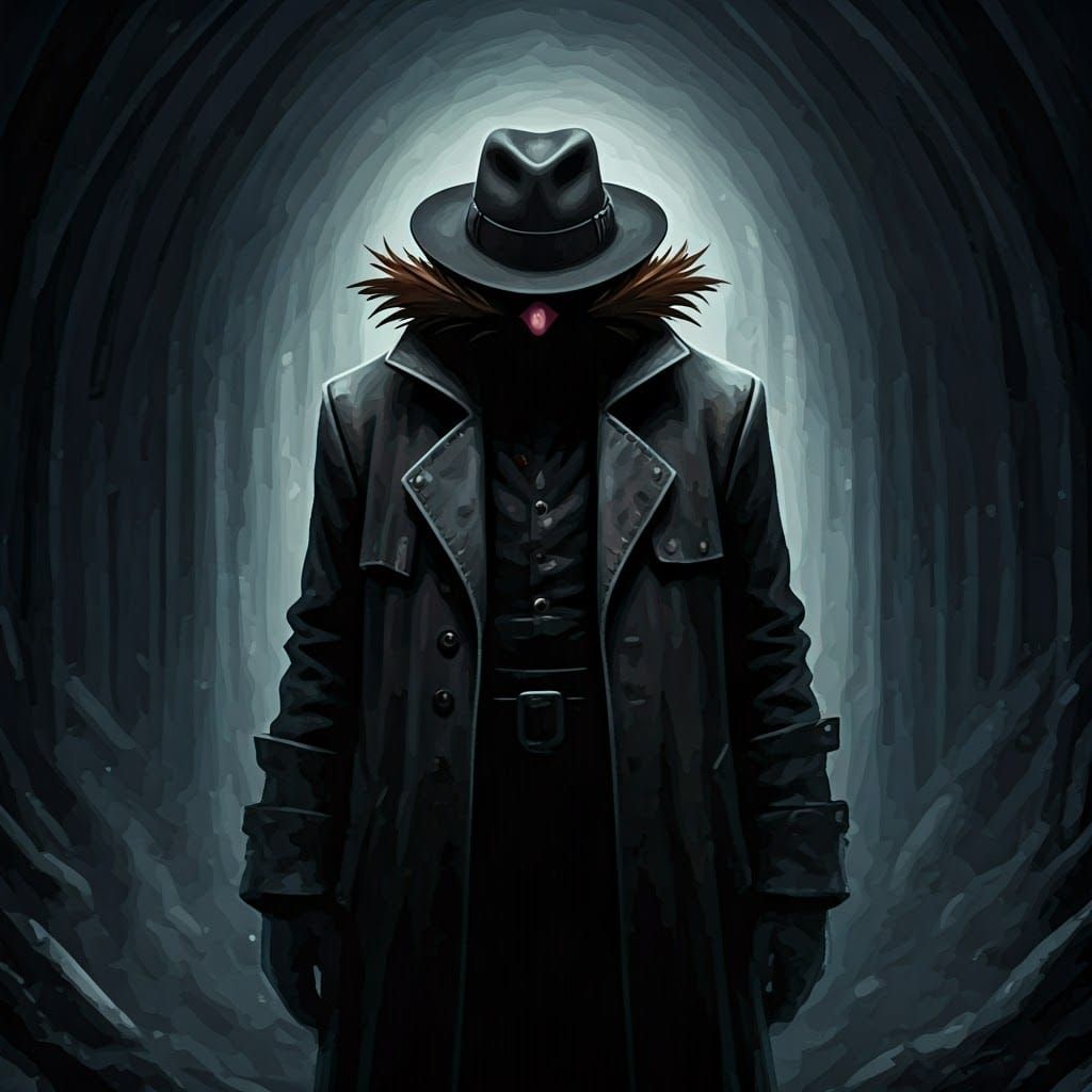 Dark Figure in Tattered Coat Emerging from Shadows