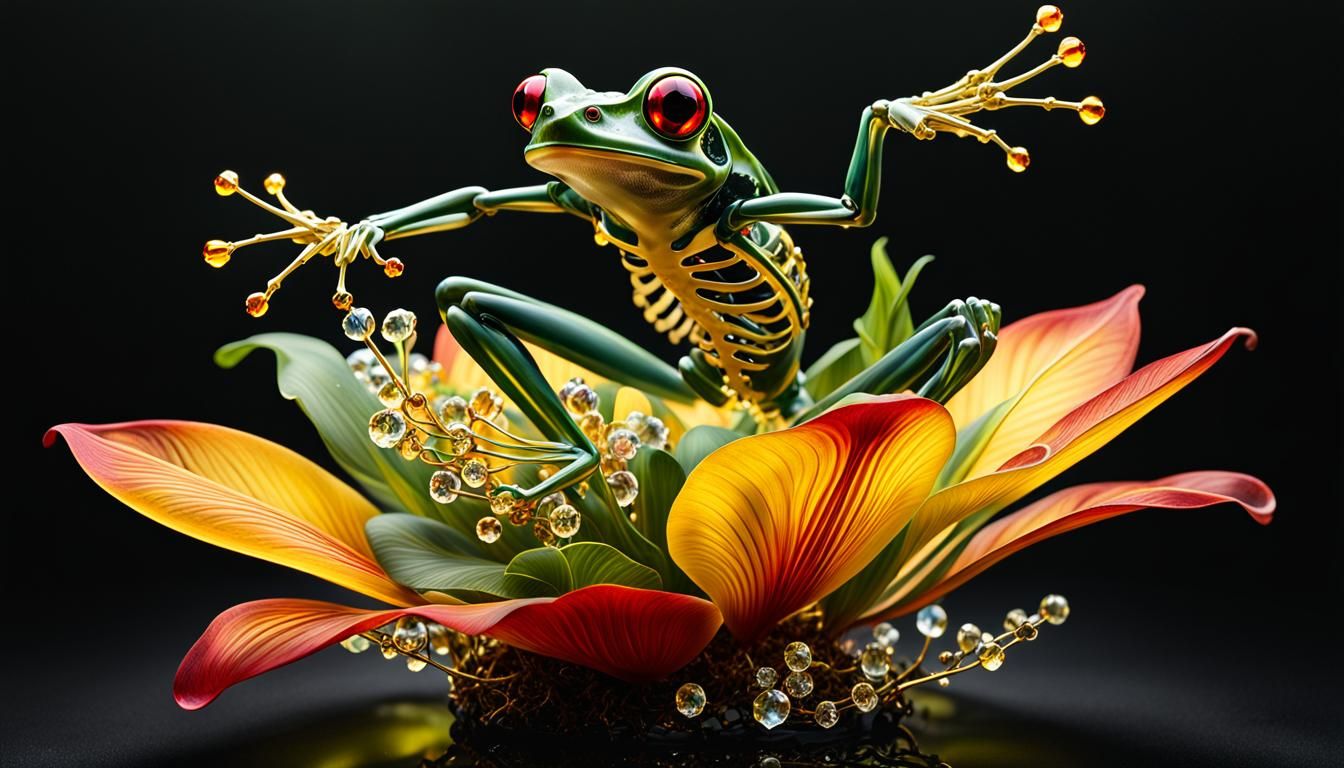a glass and skeleton frog appearing mid-leap