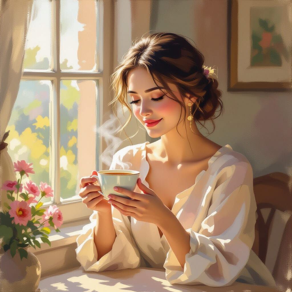 Woman Enjoying Tea in Soft Morning Light