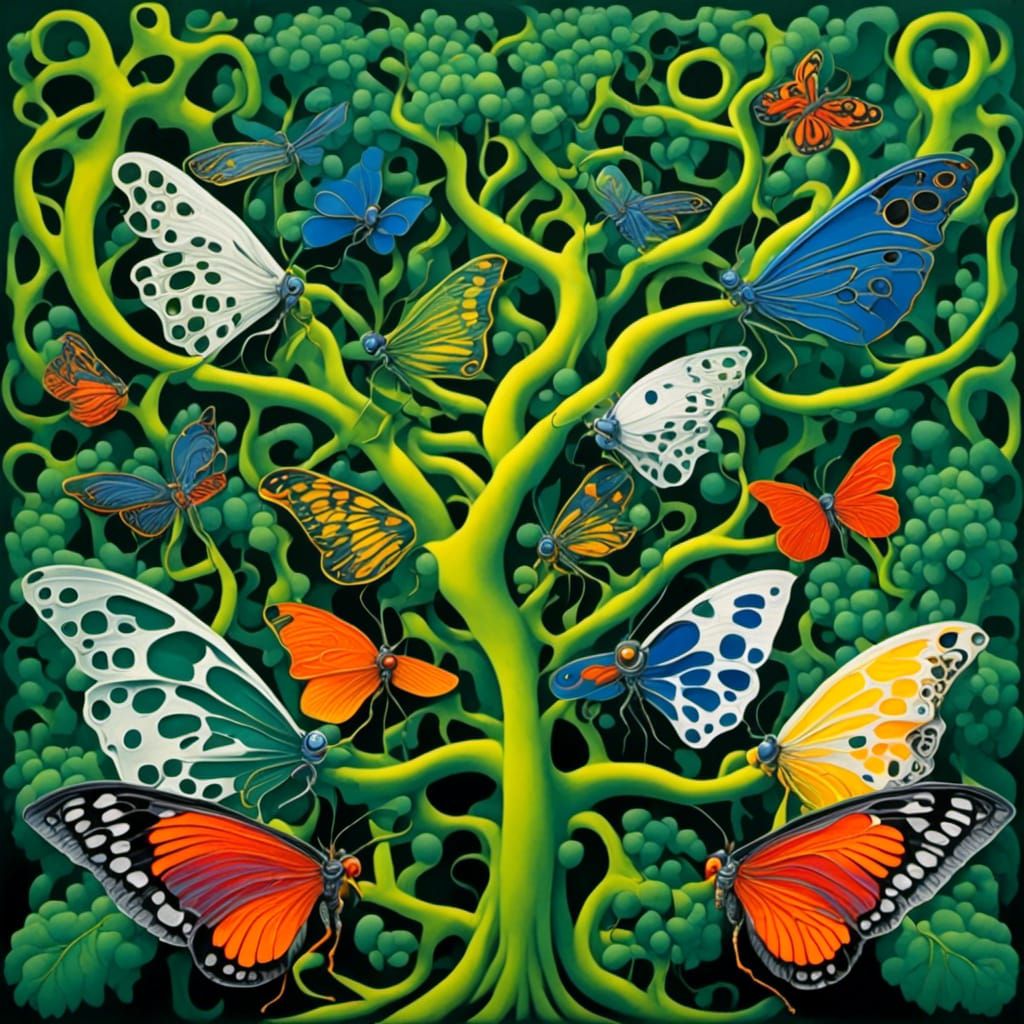 <lora:Surreal Dimension:1.0> Surreal op-art, botanical ernst haekel, giant surreal insects, curly trees, Gradient Colors...