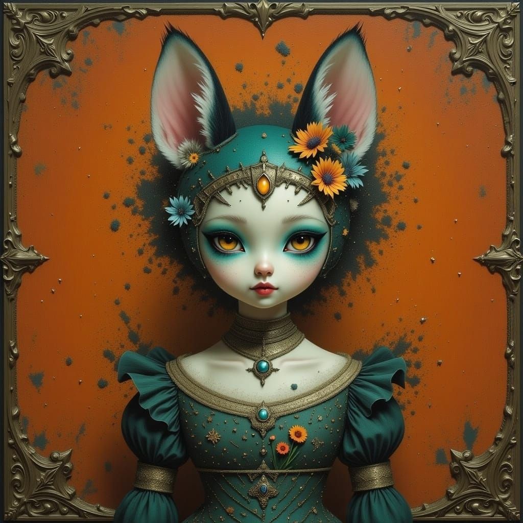 Ornate Kitten Doll with Lace and Gemstones