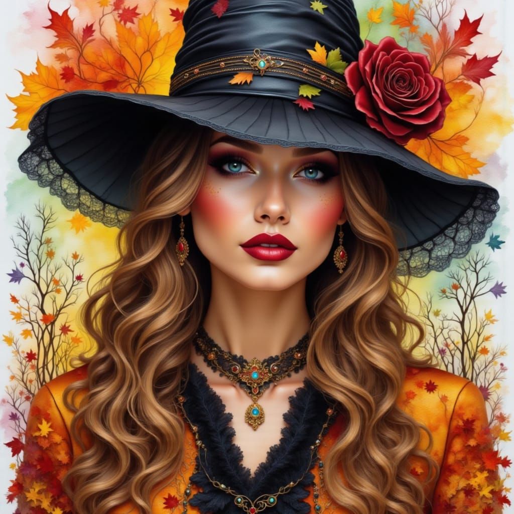 Autumn Witch Hat Close-Up Watercolor Portrait