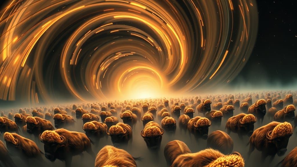 Buffalo Stampede in Fisheye View with Neon Lights