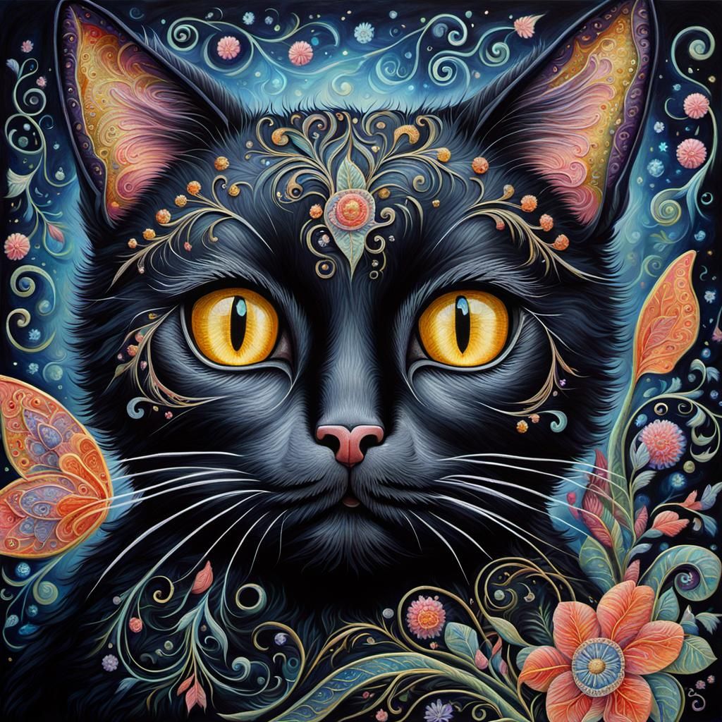 Enchanting Black Cat with Fairy Embroidery