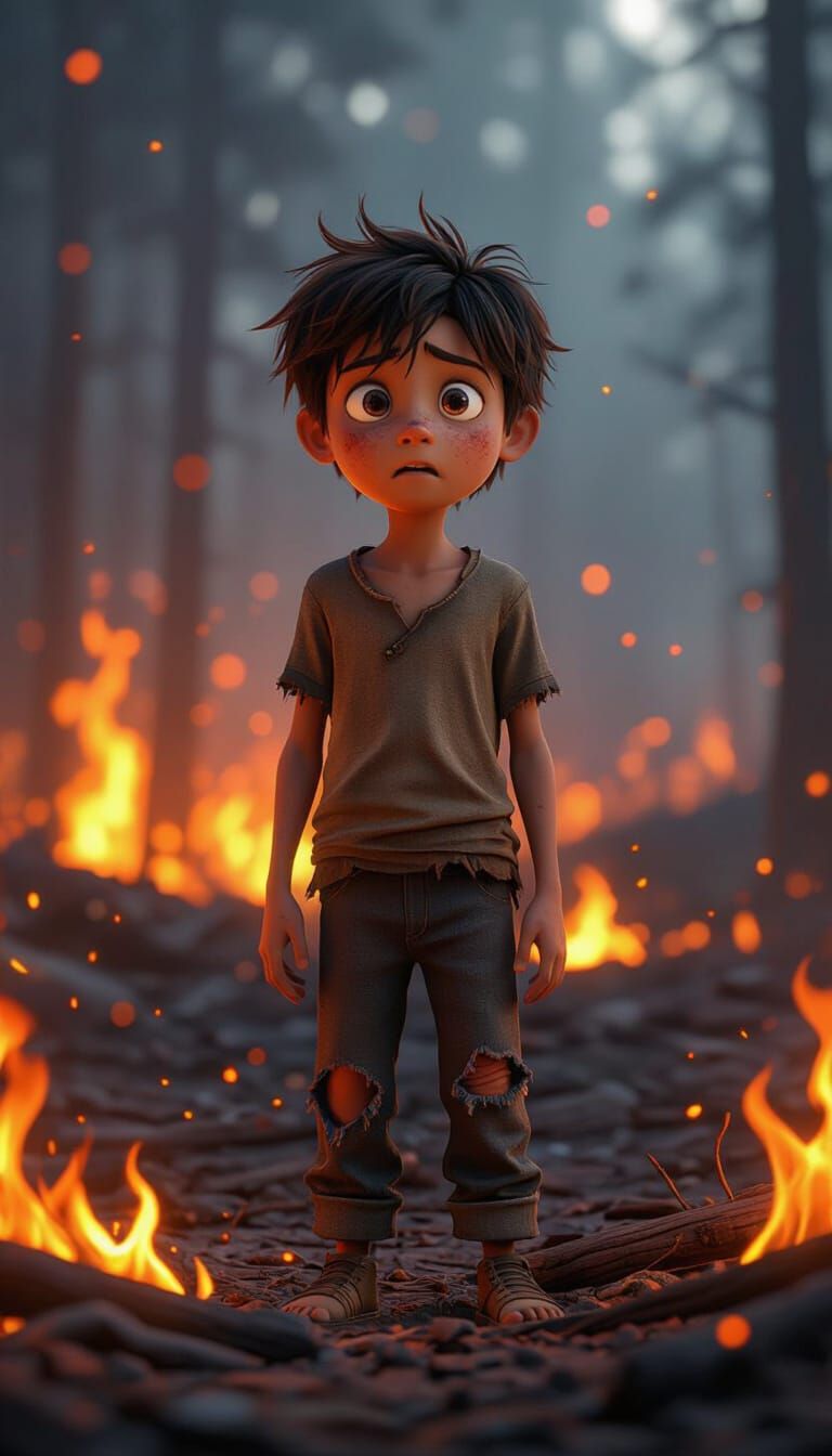 Teenage Boy at Burning Forest Edge in 3D Cartoon Style