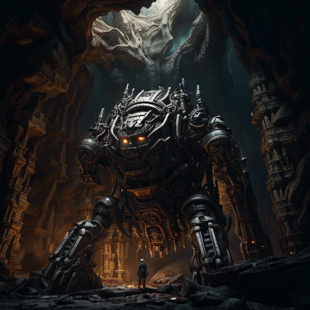 Mechanical Humanoid Topples Tower in Dark Cavern