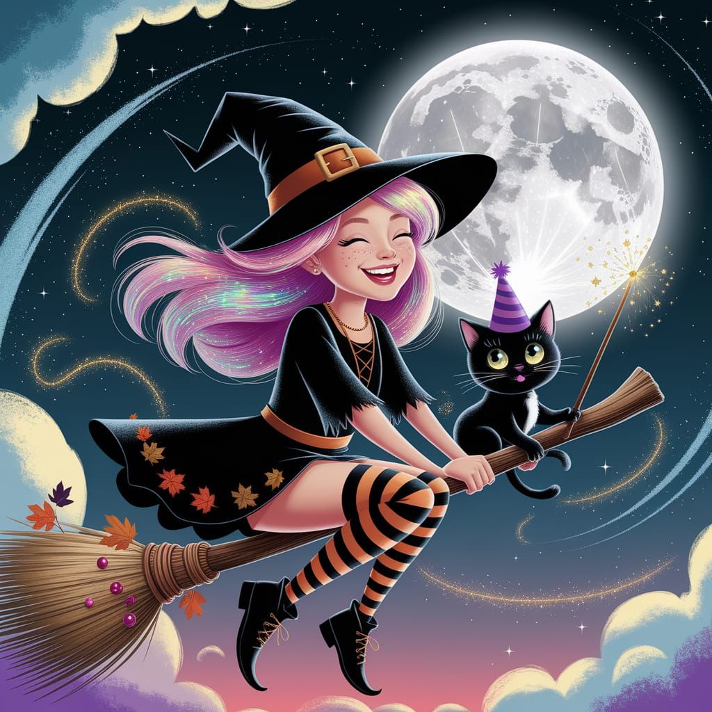 Whimsical Witch Flying Under Starry Night Sky
