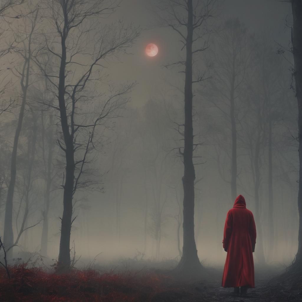 Mysterious Figure in Red Coat: Cinematic Film Still