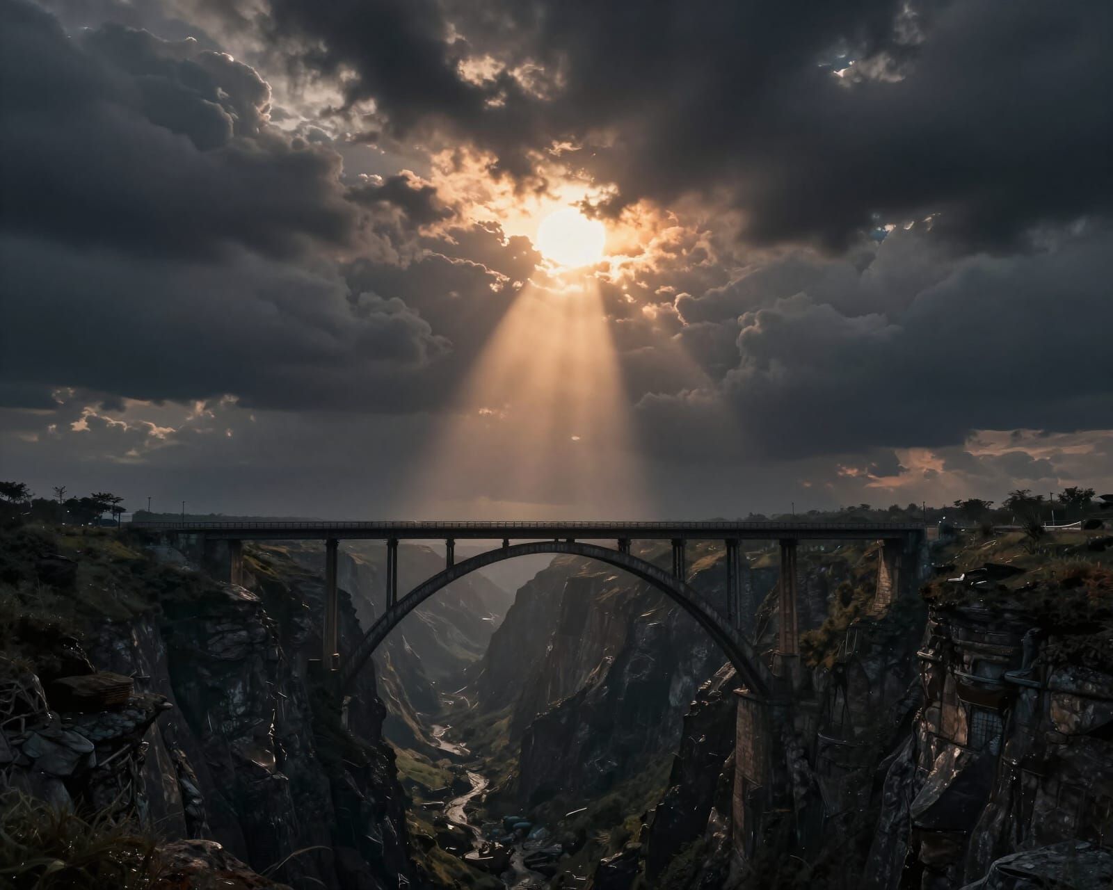 Epic Bridge Over Ravine With Dramatic Sunrise