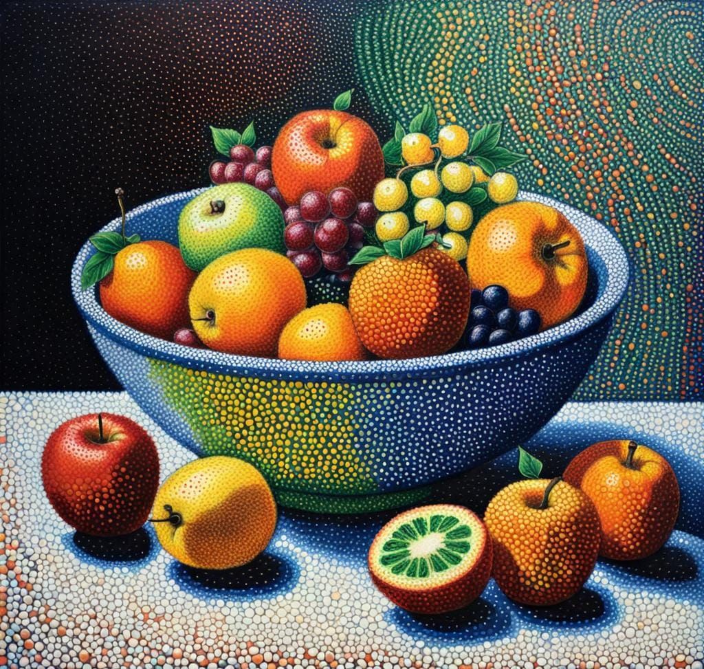Pointillist Still Life of Fruit Bowl in Oil Pastel