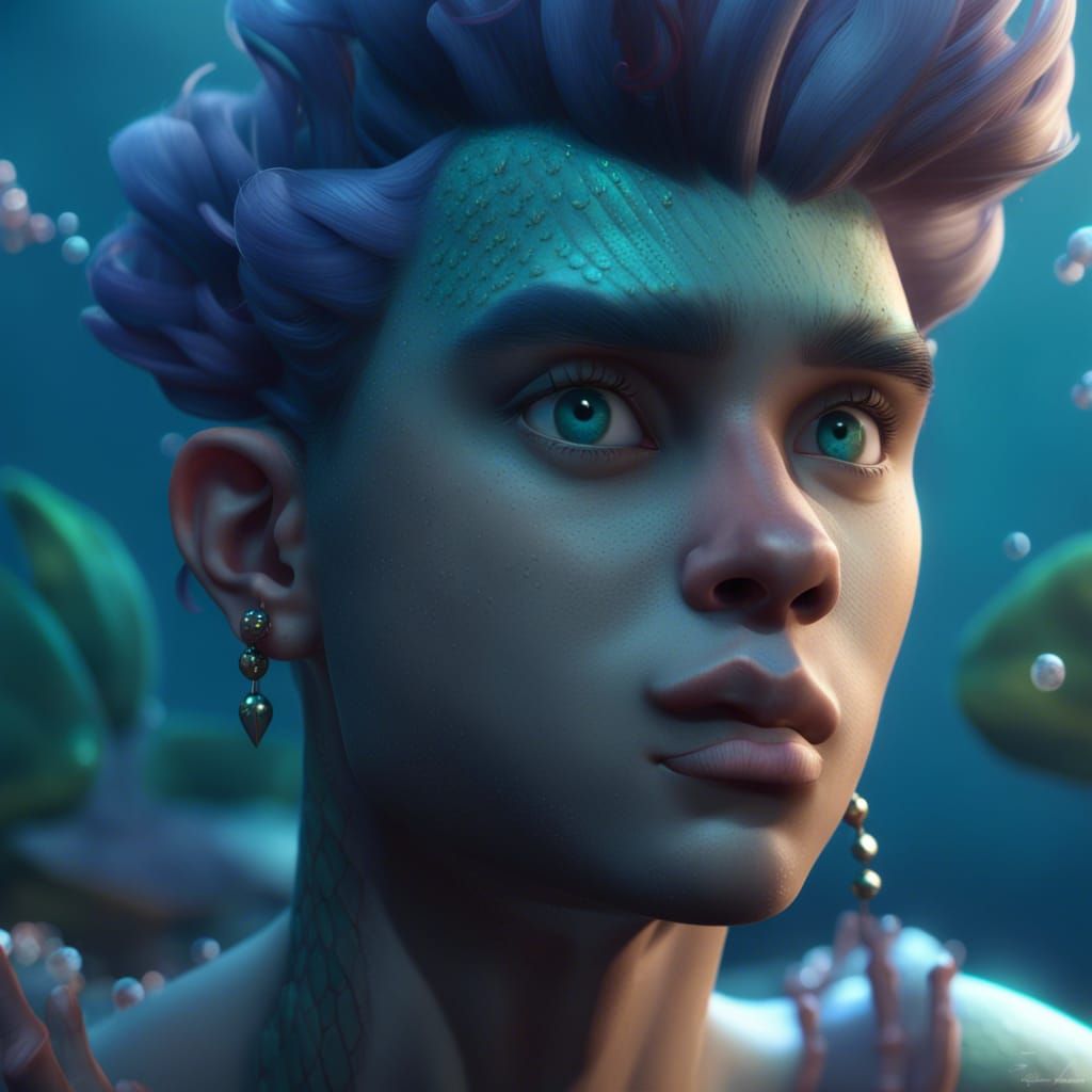 Sad Androgynous Merman in Disney 3D Style