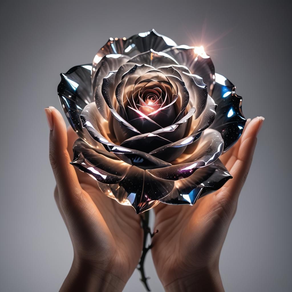 Glowing Black Crystal Rose in Feminine Hands