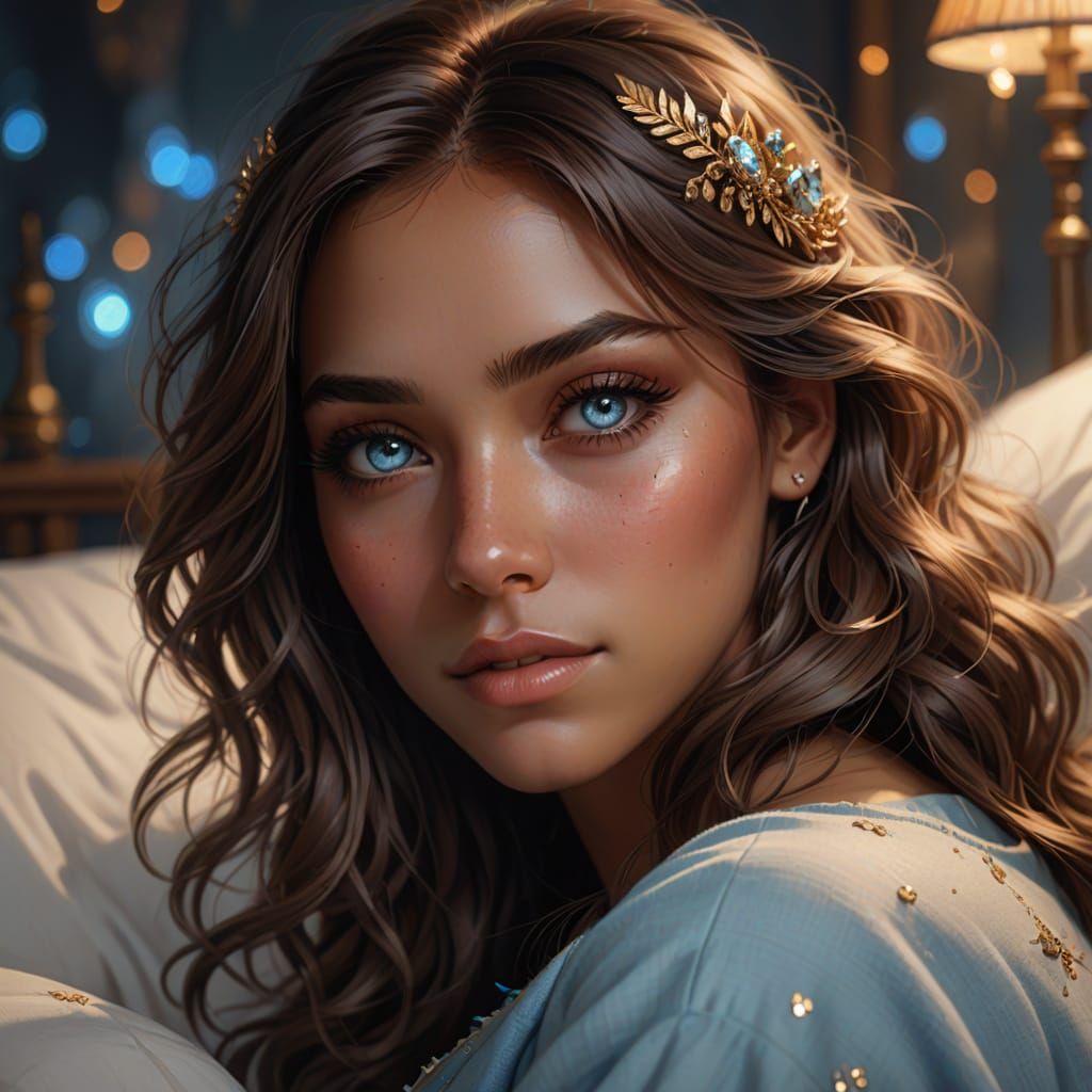 Fantasy Girl in Bed: Vibrant Oil Painting Style