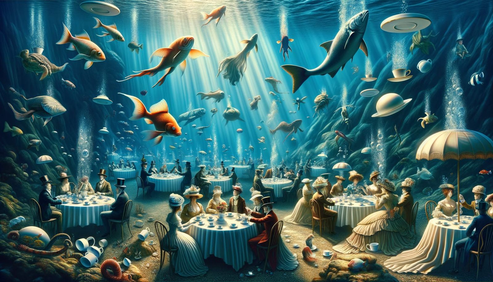 Surreal Underwater Tea Party: A Dreamscape in Oil